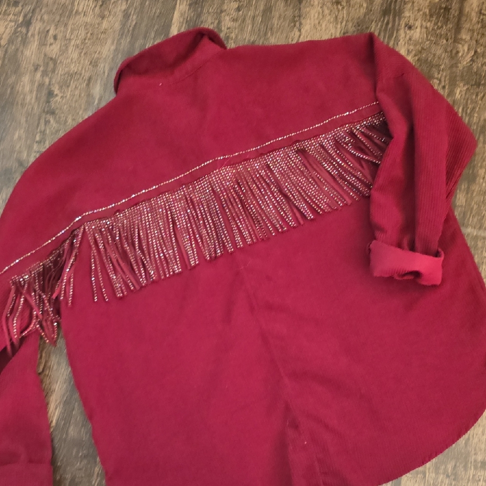 GEEGEE Deep Red‎ Burgundy Fringe Rhinestone Western Corduroy Shirt Sz XL
